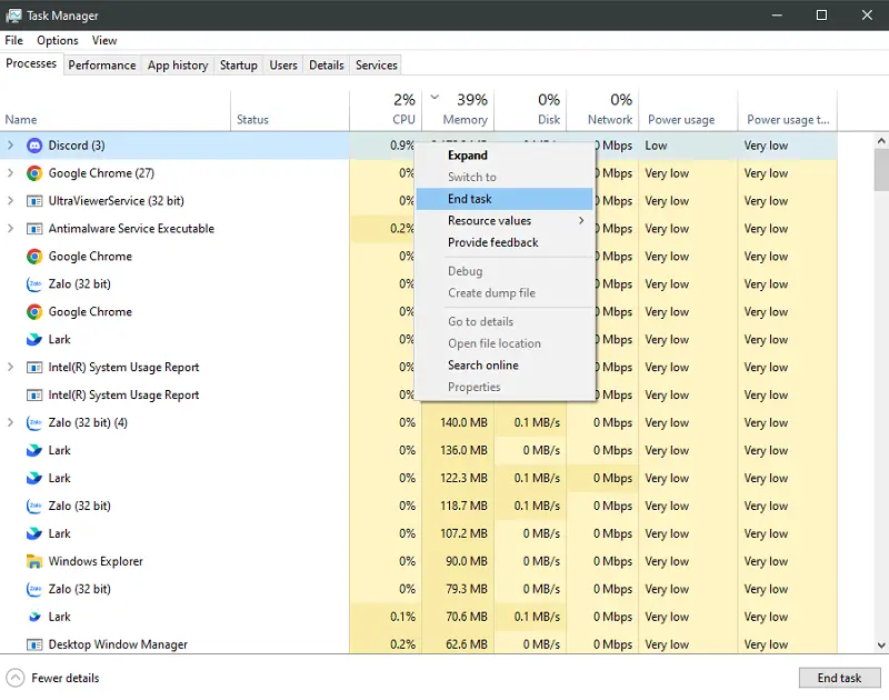 Dùng Task Manager để tắt ứng dụng không cần thiết